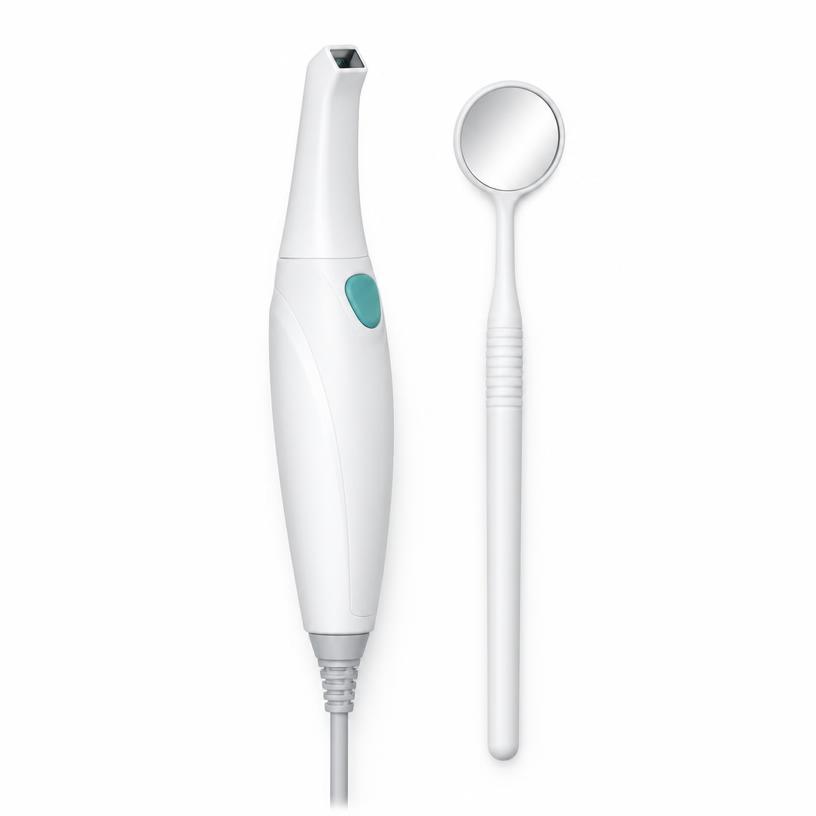 Illustrative digital scanning wand and dental mirror